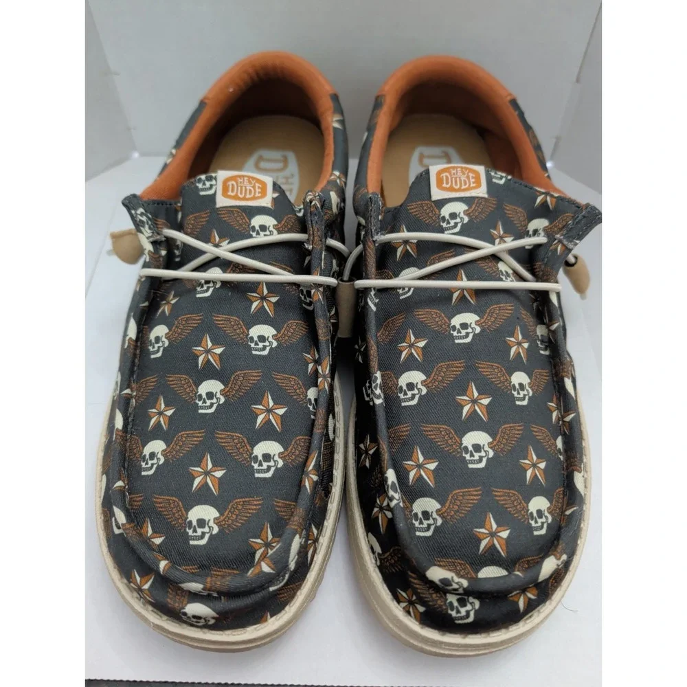 Hey Dude Wally Shoes Stars N Skulls Print Black Men Sz 10 Comfort Slip On